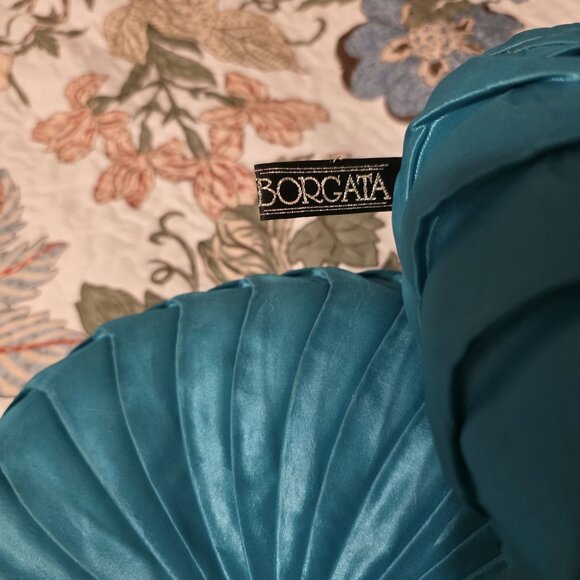 Round Borgata Decorative Throw Pillows Set Of 2 Turquoise Satin Pleated Design - Picture 3 of 7